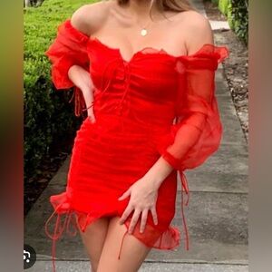 BRAND NEW Lioness Vibrant Red Mini Ruched Lace Up Long Mini Sleeve Dress Size L